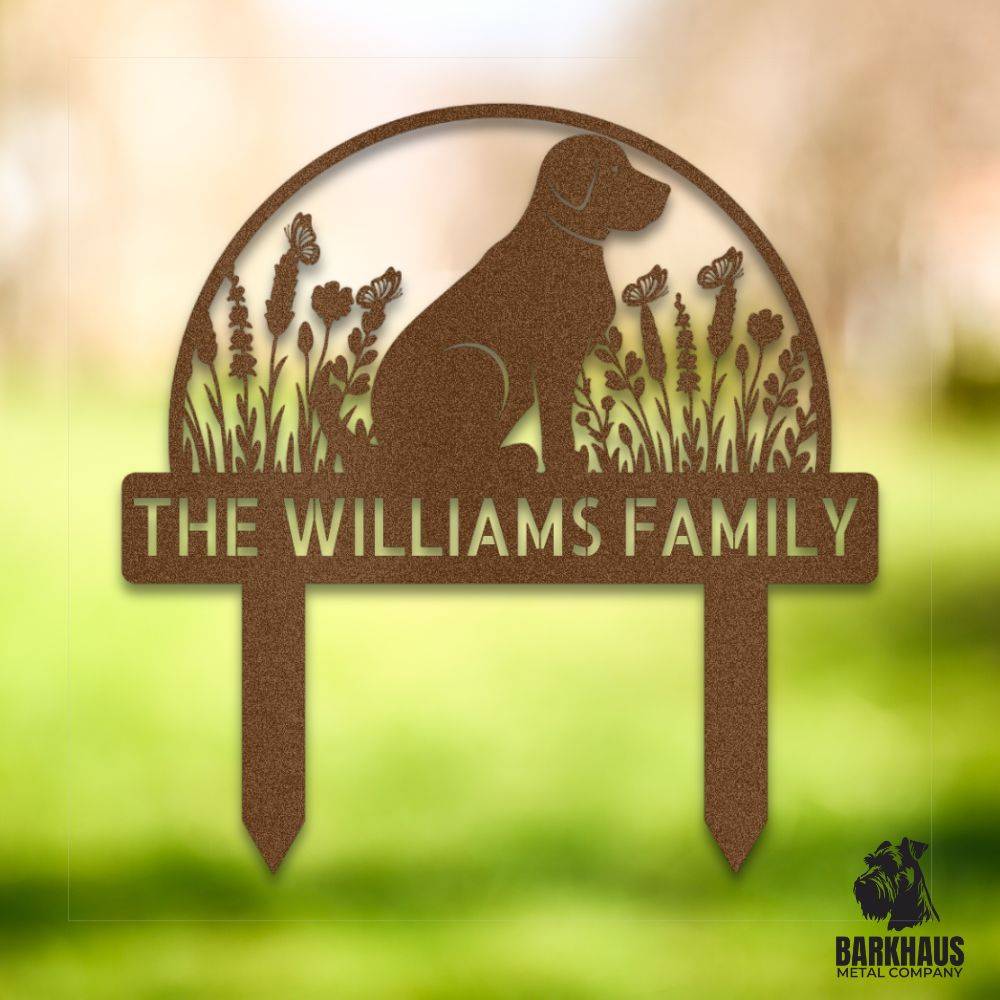 Copper personalized metal yard stake with dog silhouette, custom name and year; weatherproof, rust-resistant American steel | Barkhaus Metal Co.