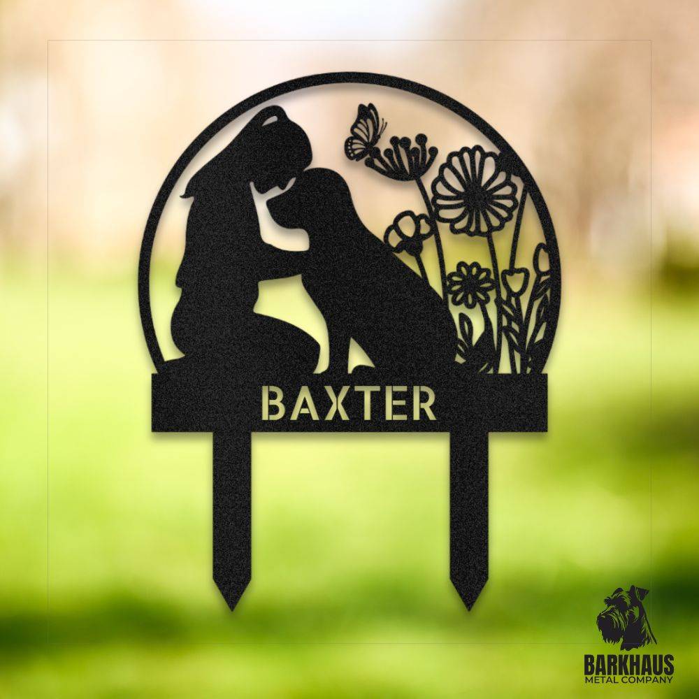 Black personalized metal yard stake III with stylish dog silhouette, custom name and year; weatherproof, rust-resistant American steel | Barkhaus Metal Co.