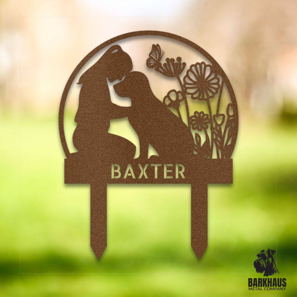 Copper personalized metal yard stake III with stylish dog silhouette, custom name and year; weatherproof, rust-resistant American steel | Barkhaus Metal Co.