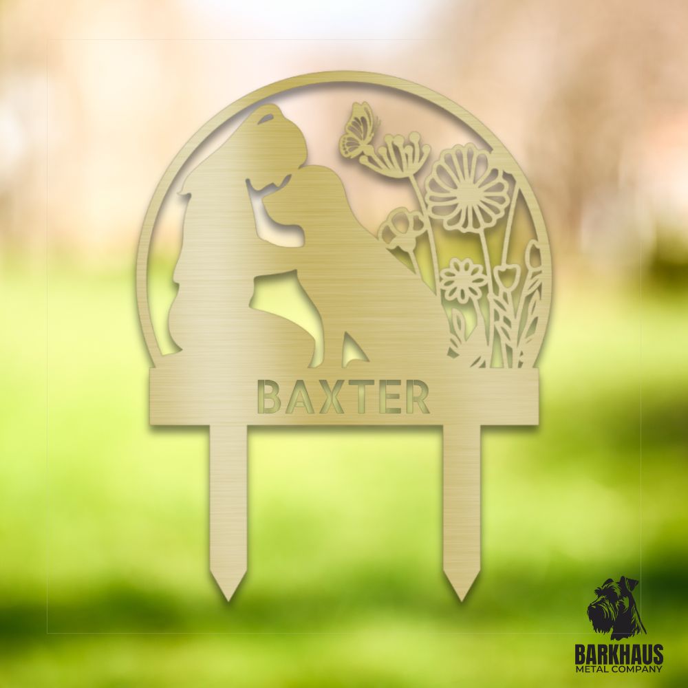 Gold personalized metal yard stake III with stylish dog silhouette, custom name and year; weatherproof, rust-resistant American steel | Barkhaus Metal Co.