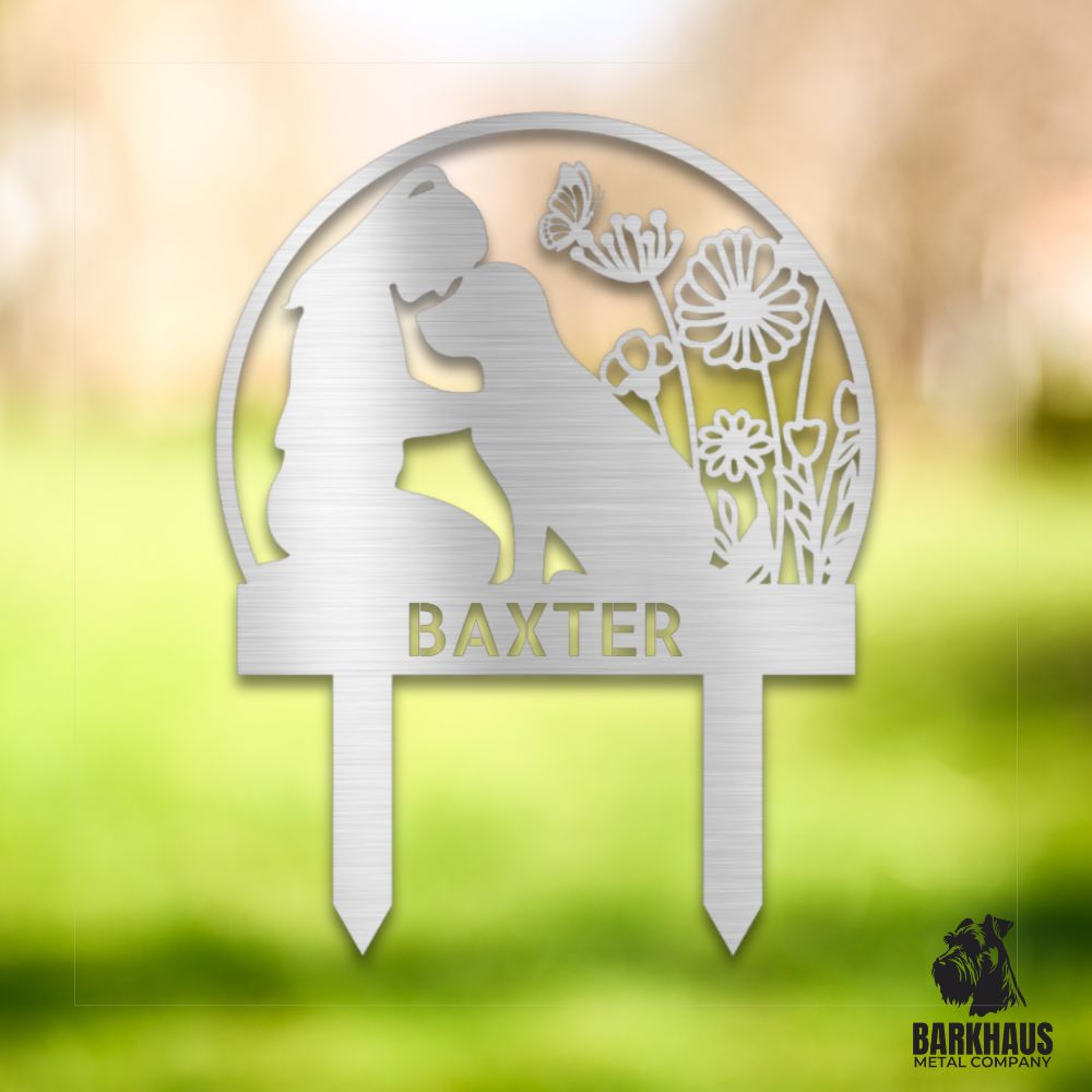 Silver personalized metal yard stake III with stylish dog silhouette, custom name and year; weatherproof, rust-resistant American steel | Barkhaus Metal Co.