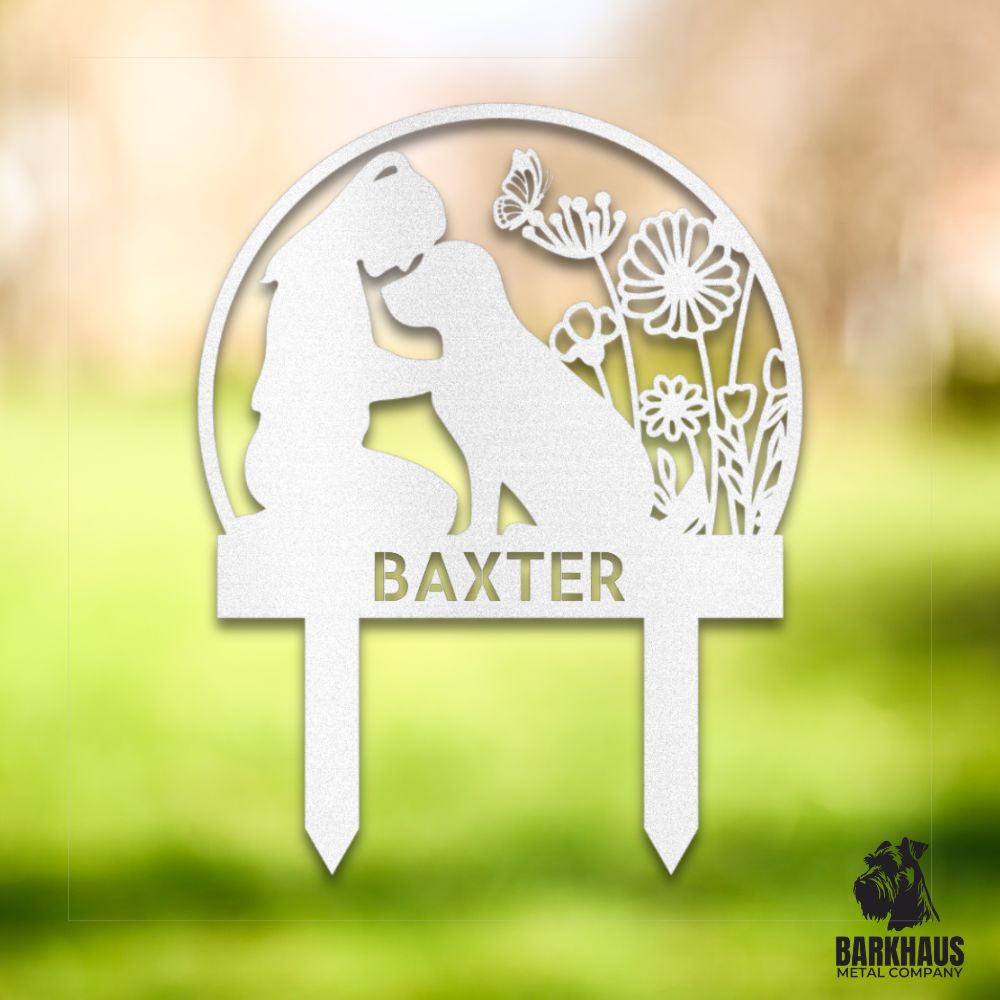 White personalized metal yard stake III with stylish dog silhouette, custom name and year; weatherproof, rust-resistant American steel | Barkhaus Metal Co.