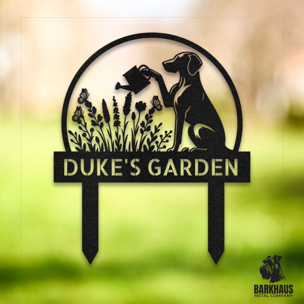 Black personalized metal yard stake IV with bold dog silhouette, custom name and year; weatherproof, rust-resistant American steel | Barkhaus Metal Co.