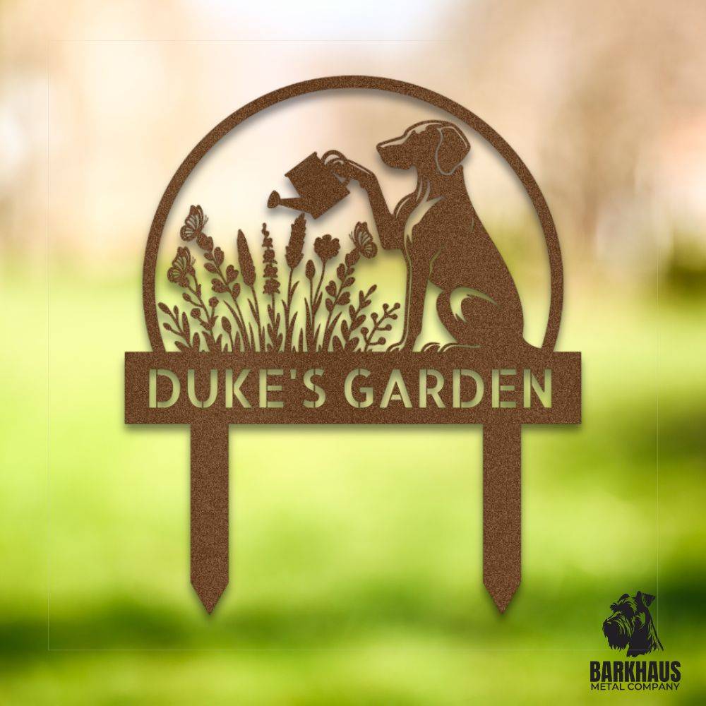 Copper personalized metal yard stake IV with bold dog silhouette, custom name and year; weatherproof, rust-resistant American steel | Barkhaus Metal Co.
