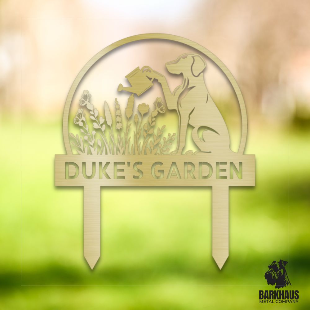 Gold personalized metal yard stake IV with bold dog silhouette, custom name and year; weatherproof, rust-resistant American steel | Barkhaus Metal Co.