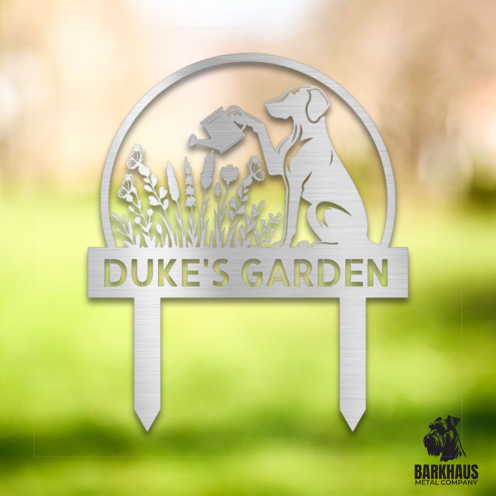 Silver personalized metal yard stake IV with bold dog silhouette, custom name and year; weatherproof, rust-resistant American steel | Barkhaus Metal Co.