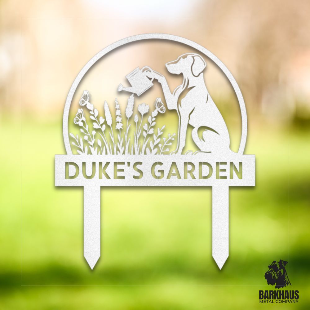 White personalized metal yard stake IV with bold dog silhouette, custom name and year; weatherproof, rust-resistant American steel | Barkhaus Metal Co.