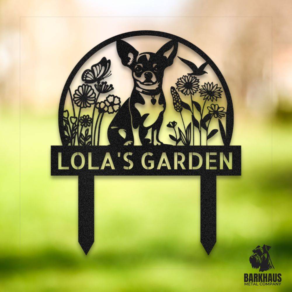 Black personalized metal yard stake V with charming dog silhouette, custom name and year; weatherproof, rust-resistant American steel | Barkhaus Metal Co.
