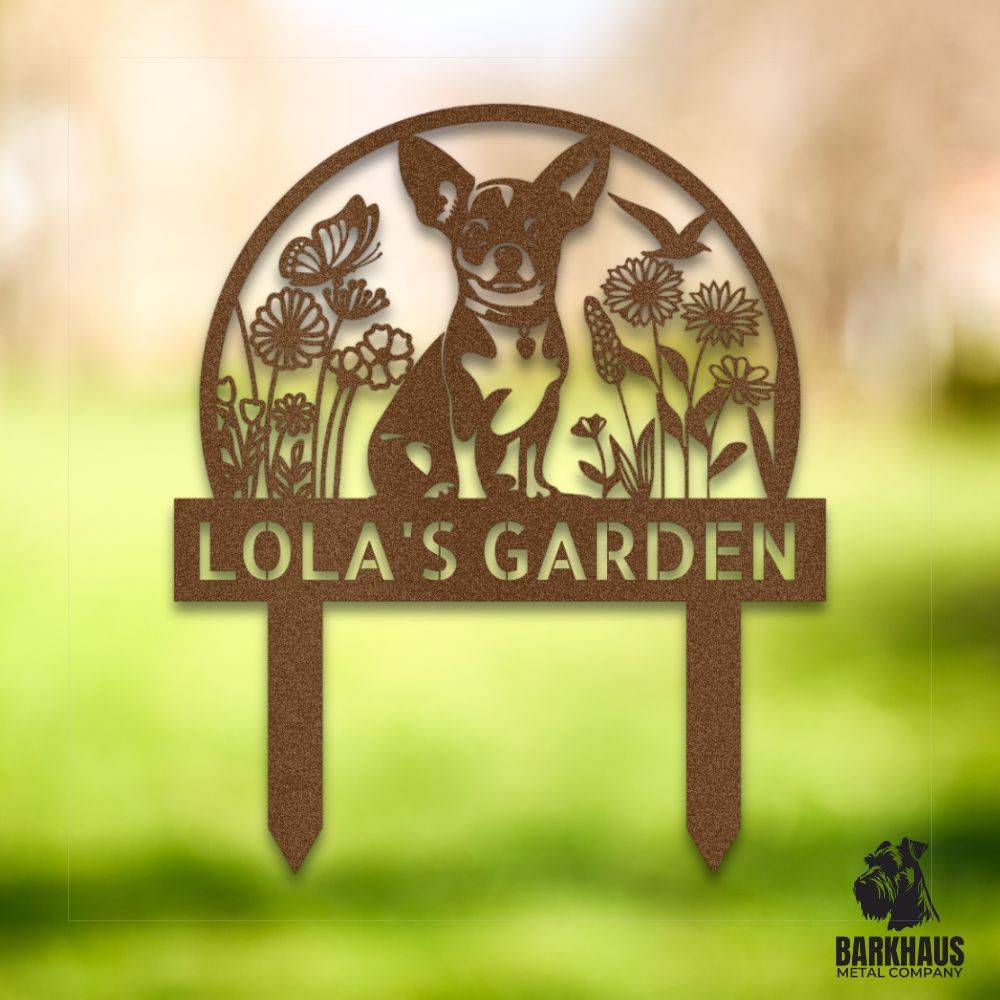 Copper personalized metal yard stake V with charming dog silhouette, custom name and year; weatherproof, rust-resistant American steel | Barkhaus Metal Co.