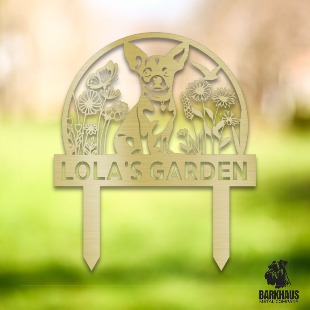 Gold personalized metal yard stake V with charming dog silhouette, custom name and year; weatherproof, rust-resistant American steel | Barkhaus Metal Co.