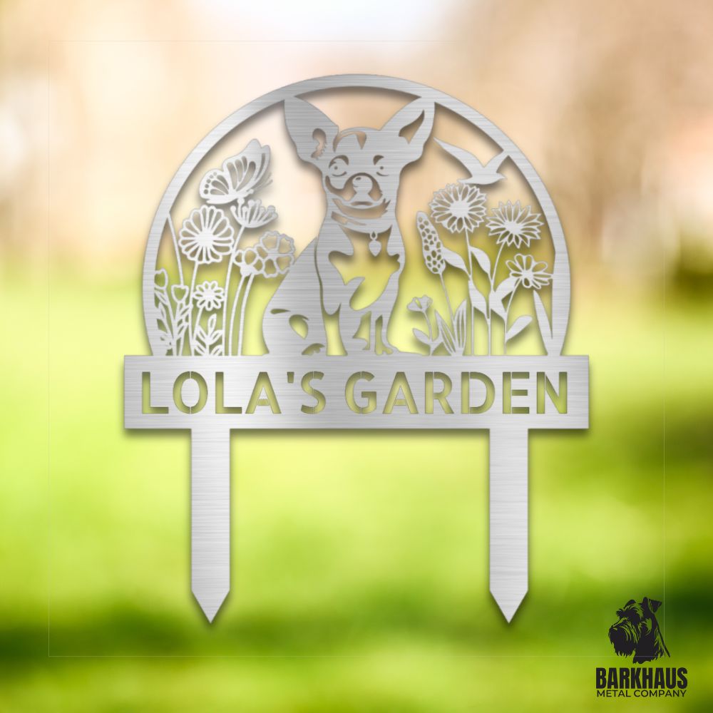 Silver personalized metal yard stake V with charming dog silhouette, custom name and year; weatherproof, rust-resistant American steel | Barkhaus Metal Co.