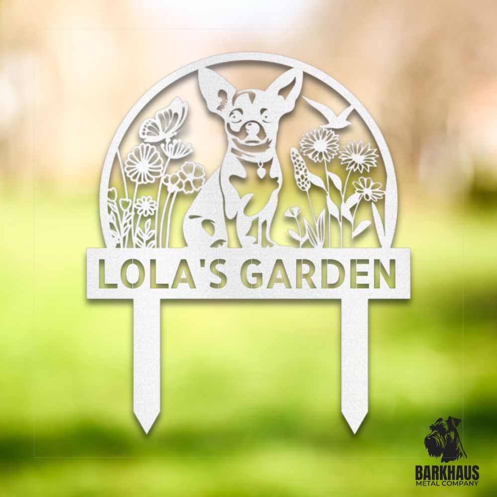 White personalized metal yard stake V with charming dog silhouette, custom name and year; weatherproof, rust-resistant American steel | Barkhaus Metal Co.