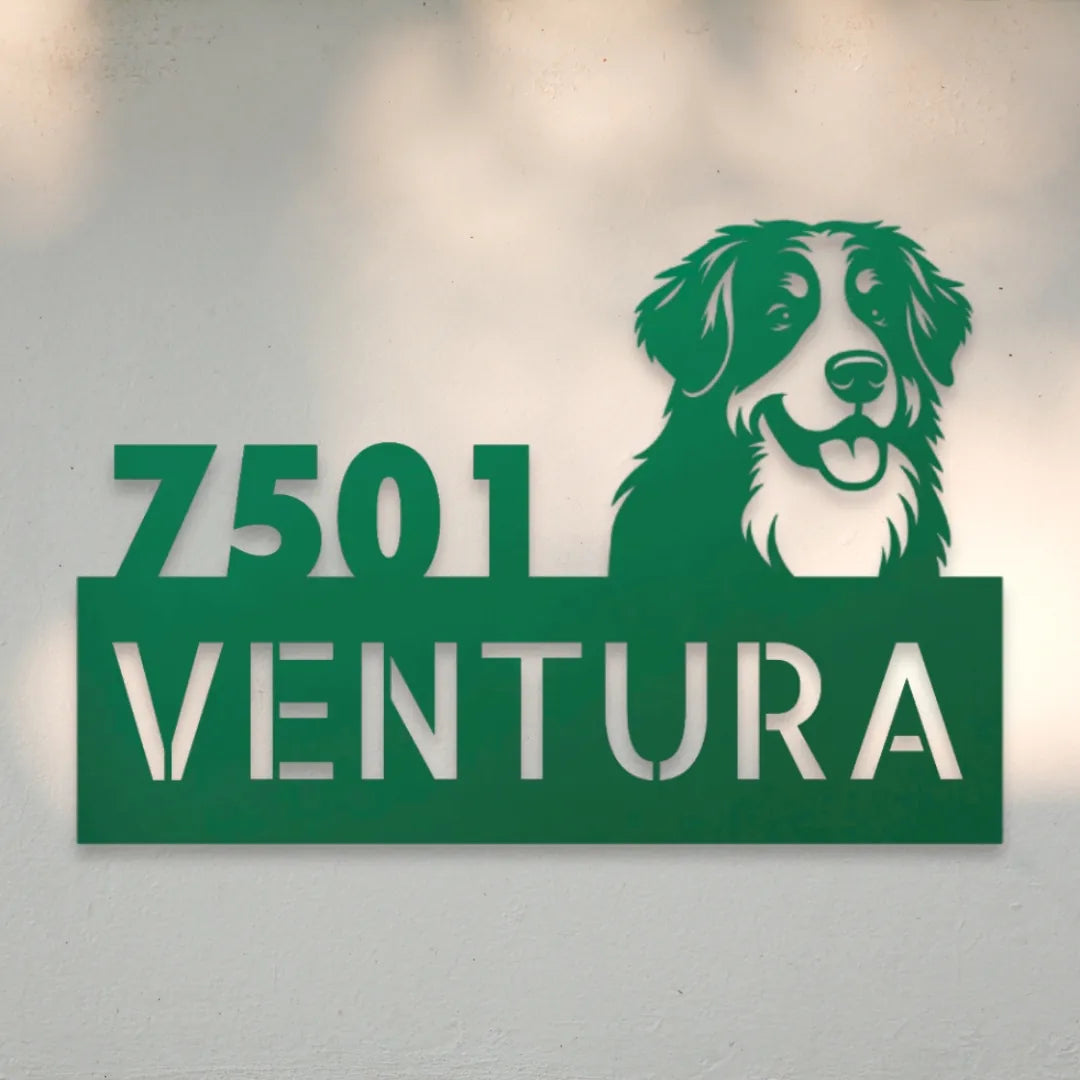 Bernese Mountain Dog Personalized Metal House Number Sign Silhouette in Green - Custom Dog Wall Art