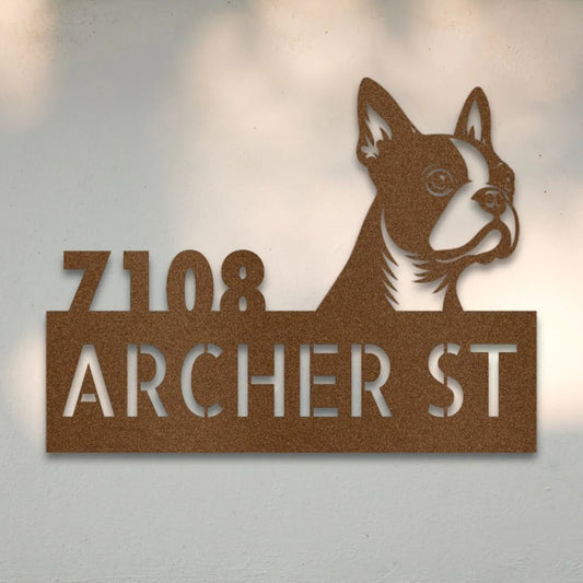 Boston Terrier Personalized Metal House Number Sign Silhouette in Copper - Custom Dog Wall Art