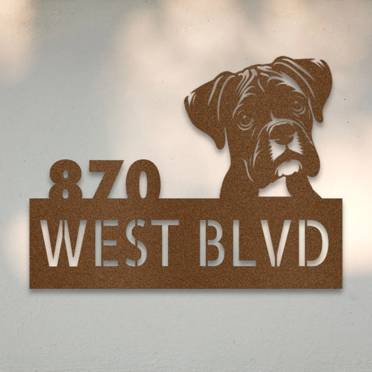 Boxer Personalized Metal House Number Sign Silhouette in Copper - Custom Dog Wall Art