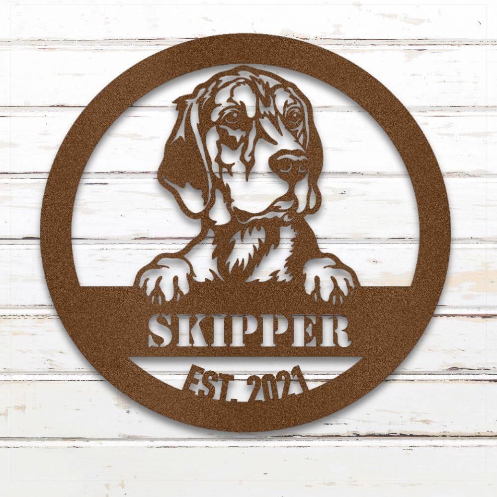 Copper Beagle personalized metal wall art with custom name and year; handcrafted from rustproof, weatherproof American steel | Barkhaus Metal Co.