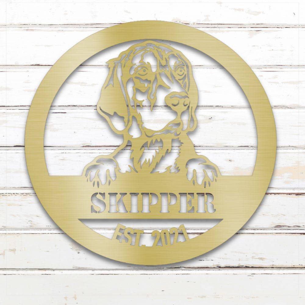 Gold Beagle personalized metal wall art with custom name and year; handcrafted from rustproof, weatherproof American steel | Barkhaus Metal Co.
