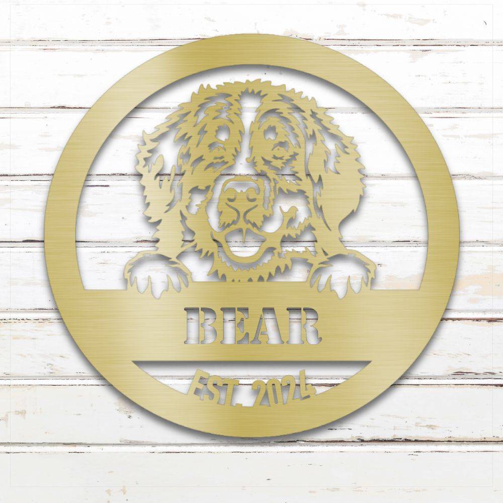 Gold Bernese Mountain Dog personalized metal wall art with custom name and year; handcrafted from rustproof, weatherproof American steel | Barkhaus Metal Co.