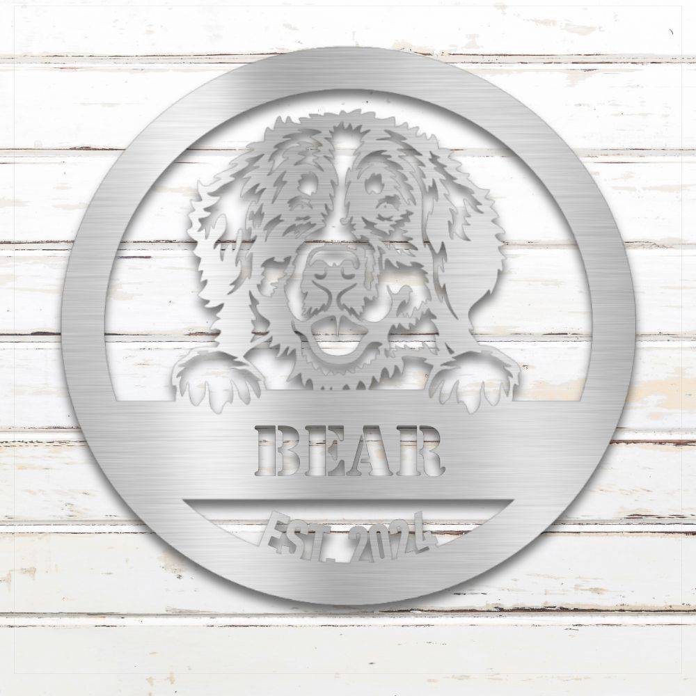 Silver Bernese Mountain Dog personalized metal wall art with custom name and year; handcrafted from rustproof, weatherproof American steel | Barkhaus Metal Co.
