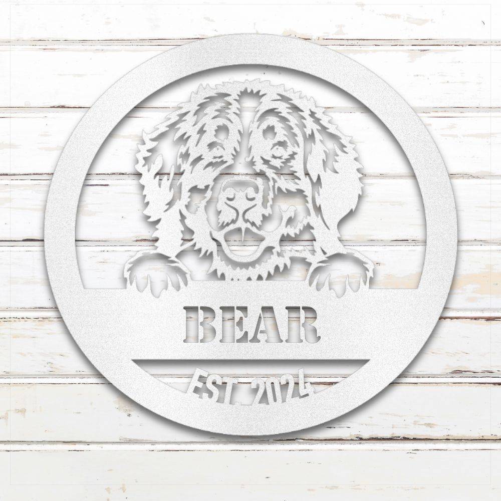 White Bernese Mountain Dog personalized metal wall art with custom name and year; handcrafted from rustproof, weatherproof American steel | Barkhaus Metal Co.