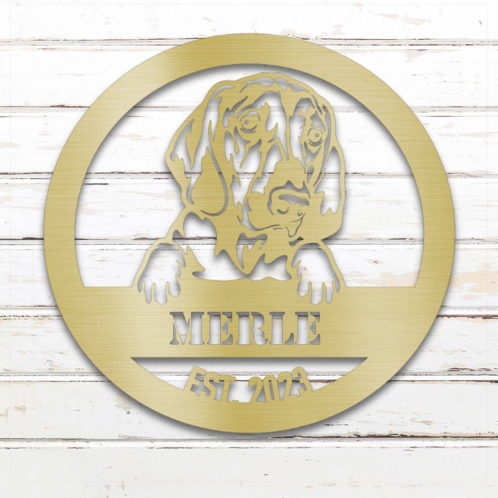 Gold personalized metal wall art with custom name and year; handcrafted from rustproof, weatherproof American steel | Barkhaus Metal Co.