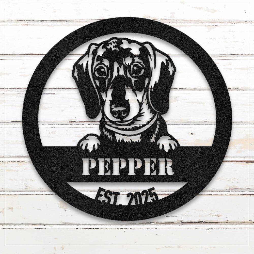 Black Dachshund personalized metal wall art with custom name and year; handcrafted from rustproof, weatherproof American steel | Barkhaus Metal Co.