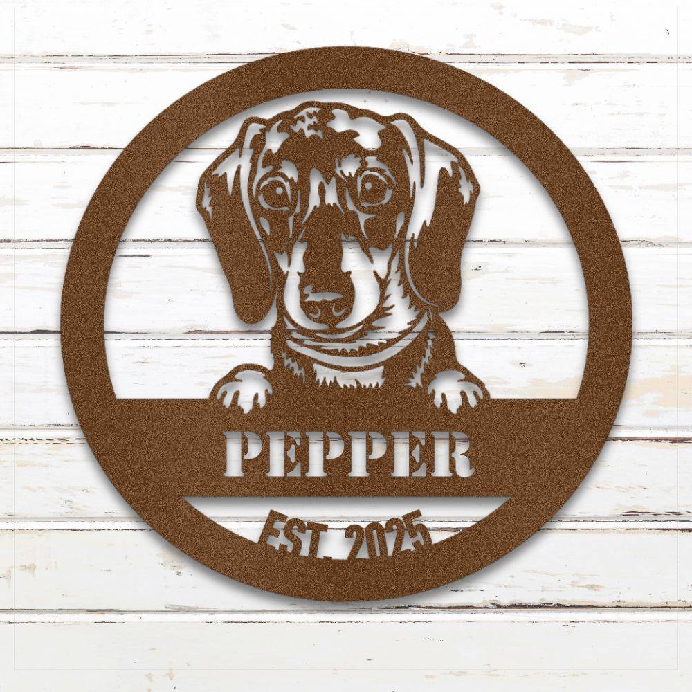 Copper Dachshund personalized metal wall art with custom name and year; handcrafted from rustproof, weatherproof American steel | Barkhaus Metal Co.