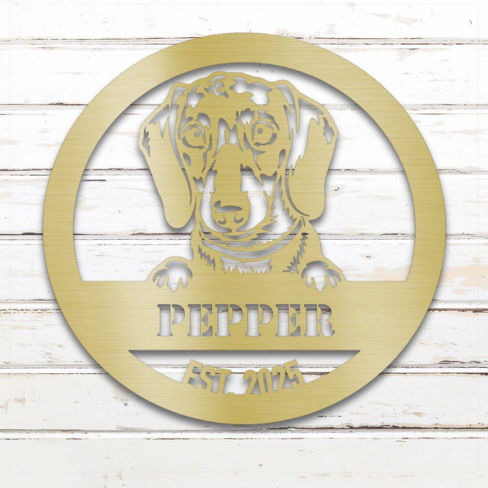 Gold Dachshund personalized metal wall art with custom name and year; handcrafted from rustproof, weatherproof American steel | Barkhaus Metal Co.