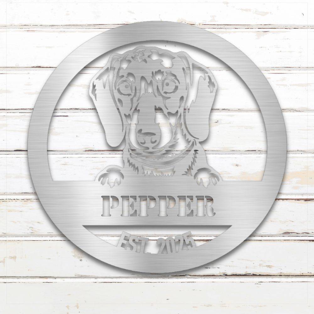 Silver Dachshund personalized metal wall art with custom name and year; handcrafted from rustproof, weatherproof American steel | Barkhaus Metal Co.