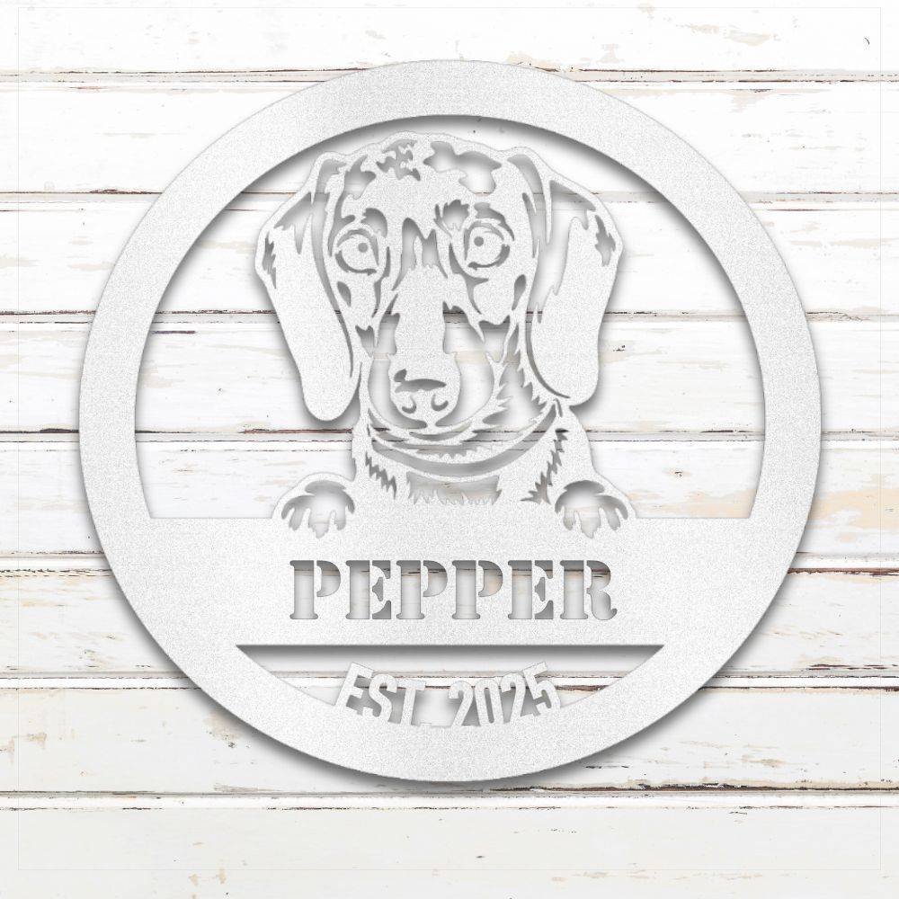 White Dachshund personalized metal wall art with custom name and year; handcrafted from rustproof, weatherproof American steel | Barkhaus Metal Co.