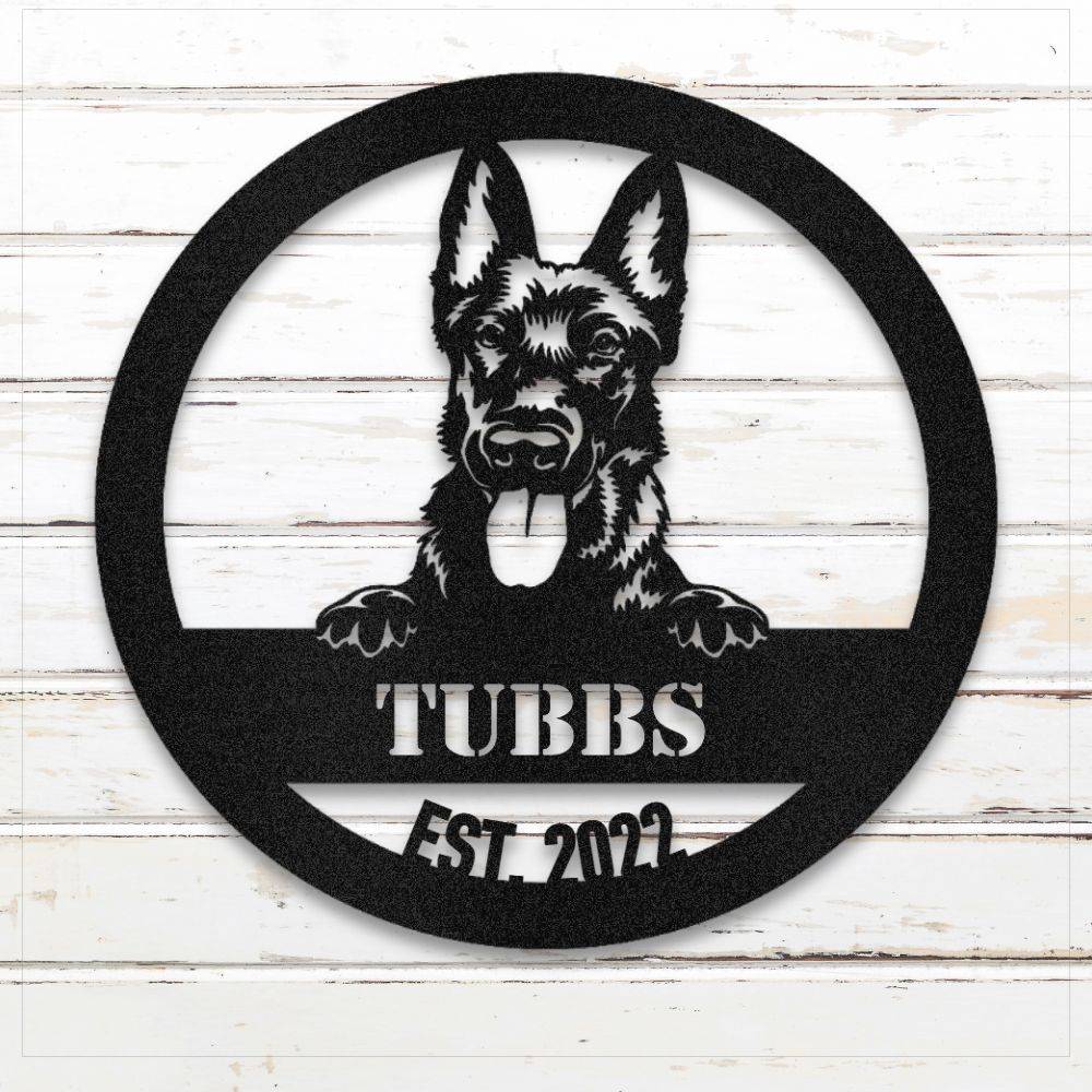 Black Dutch Shepherd personalized metal wall art with custom name and year; handcrafted from rustproof, weatherproof American steel | Barkhaus Metal Co.