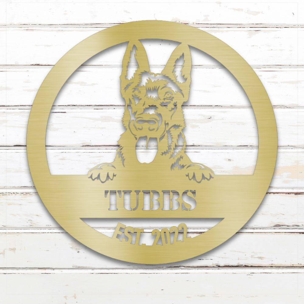Gold Dutch Shepherd personalized metal wall art with custom name and year; handcrafted from rustproof, weatherproof American steel | Barkhaus Metal Co.