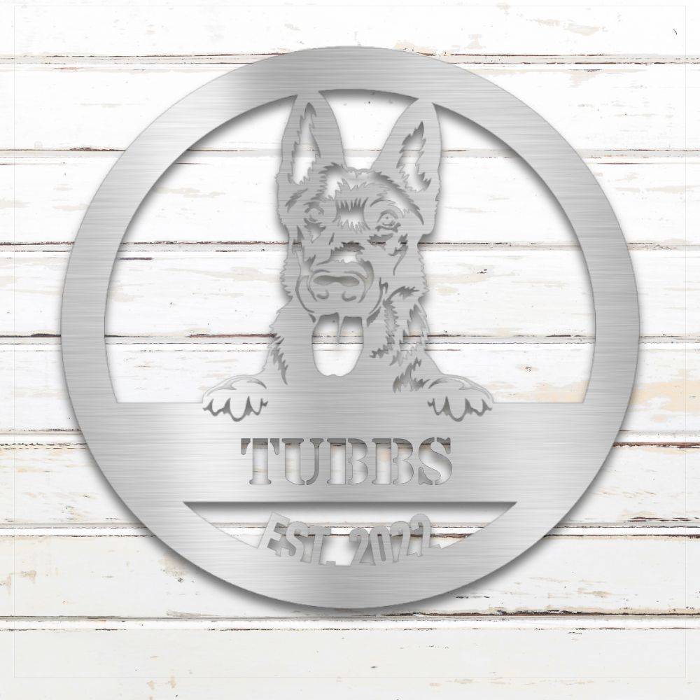 Silver Dutch Shepherd personalized metal wall art with custom name and year; handcrafted from rustproof, weatherproof American steel | Barkhaus Metal Co.