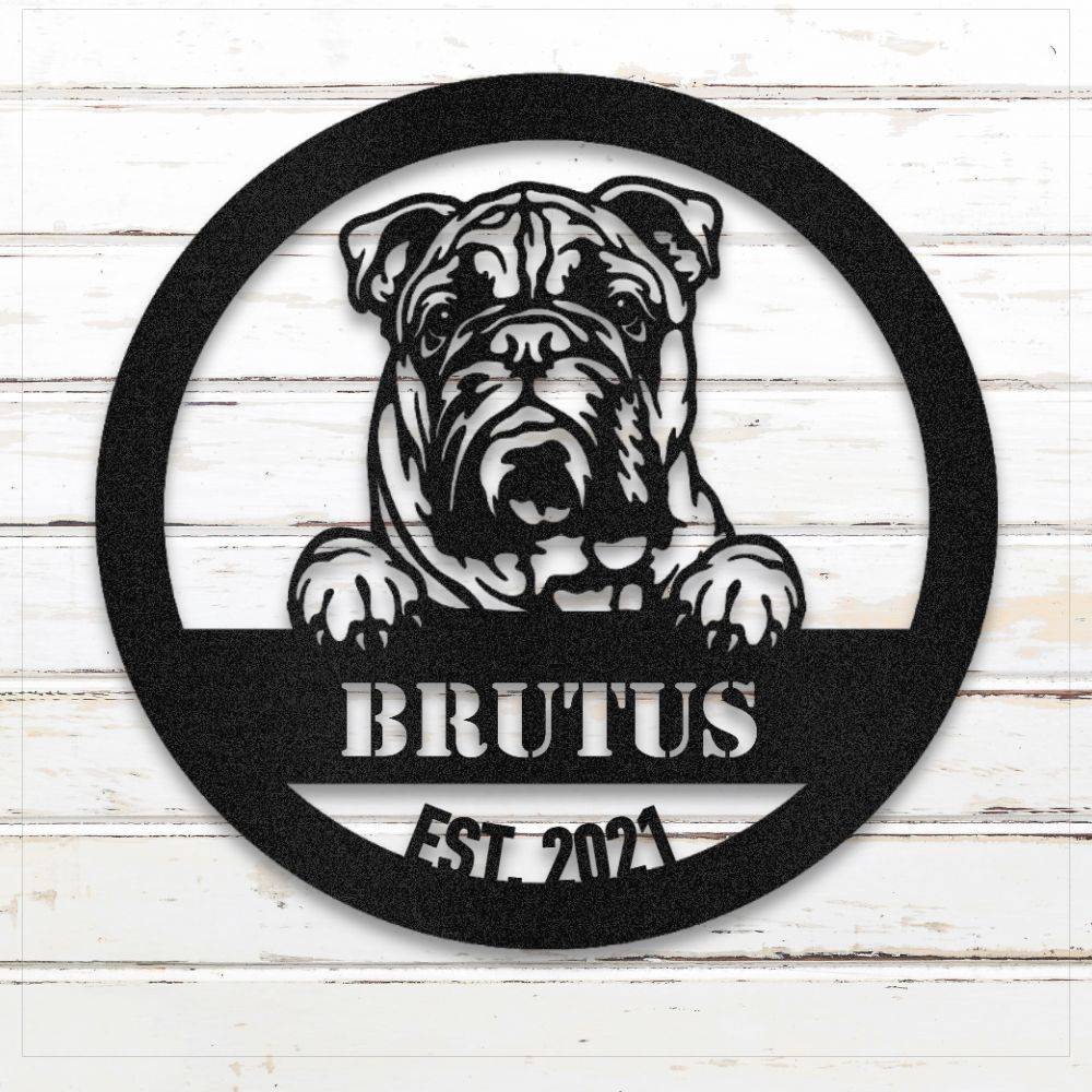 Black English Bulldog personalized metal wall art with custom name and year; handcrafted from rustproof, weatherproof American steel | Barkhaus Metal Co.