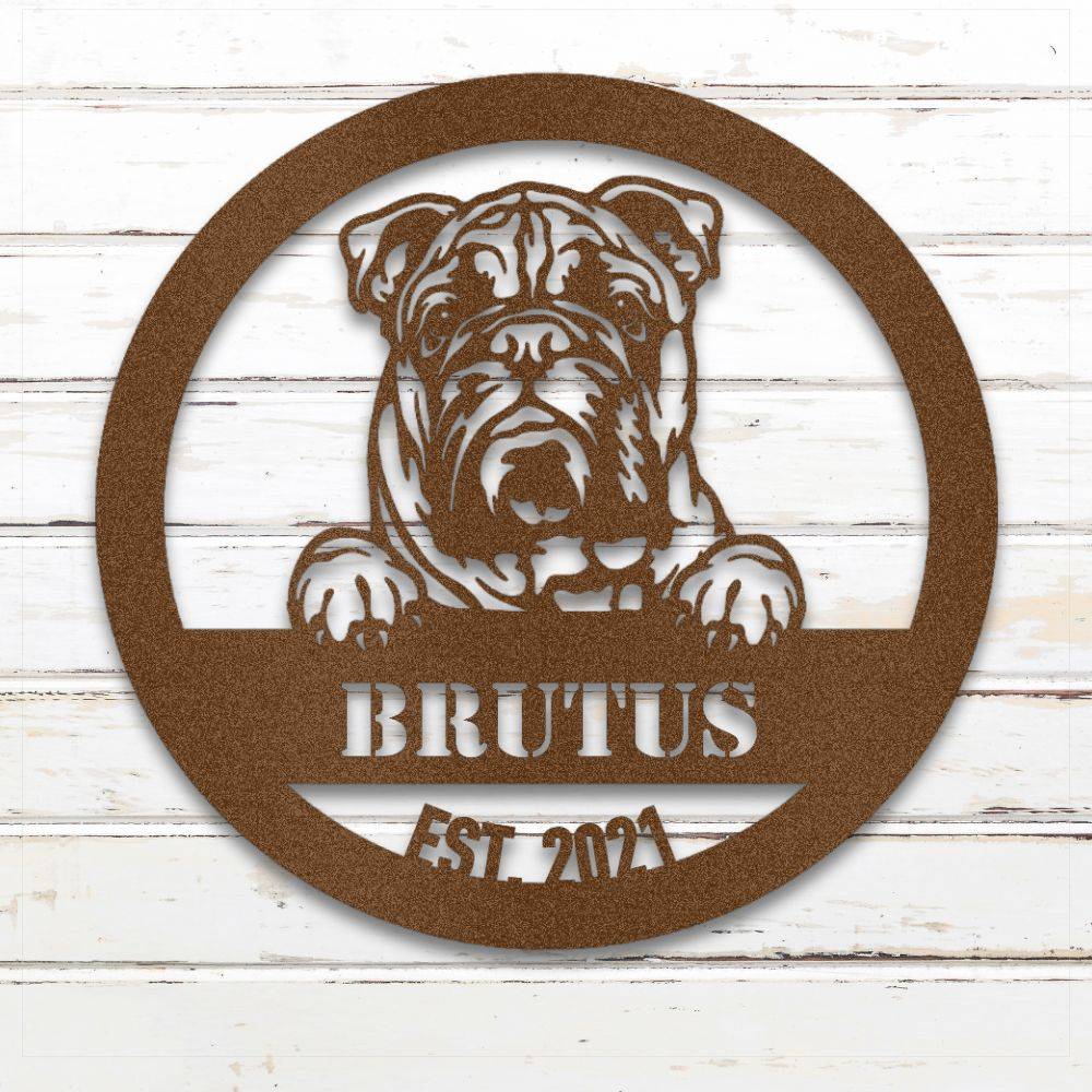 Copper English Bulldog personalized metal wall art with custom name and year; handcrafted from rustproof, weatherproof American steel | Barkhaus Metal Co.