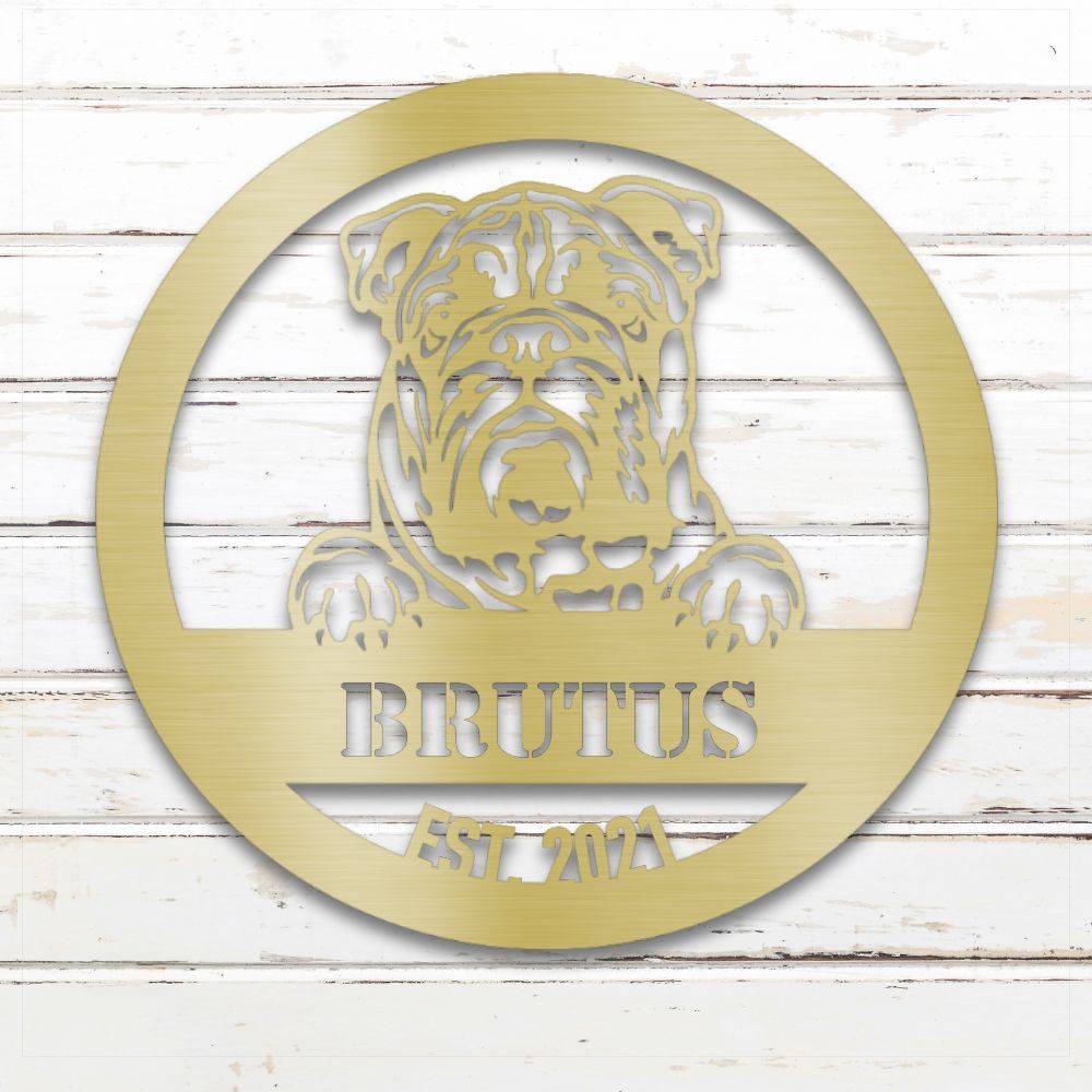 Gold English Bulldog personalized metal wall art with custom name and year; handcrafted from rustproof, weatherproof American steel | Barkhaus Metal Co.