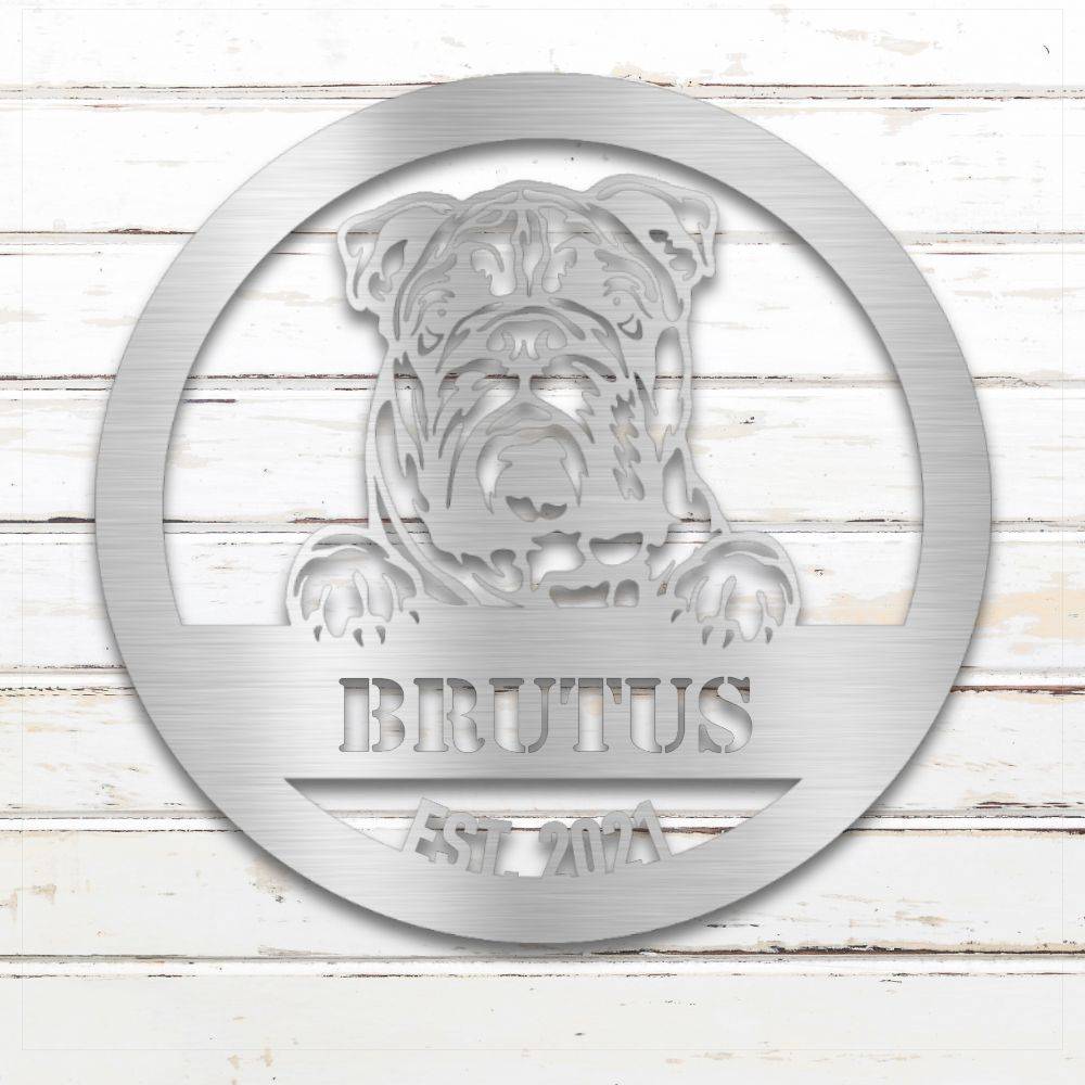Silver English Bulldog personalized metal wall art with custom name and year; handcrafted from rustproof, weatherproof American steel | Barkhaus Metal Co.