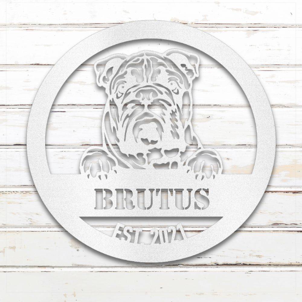 White English Bulldog personalized metal wall art with custom name and year; handcrafted from rustproof, weatherproof American steel | Barkhaus Metal Co.