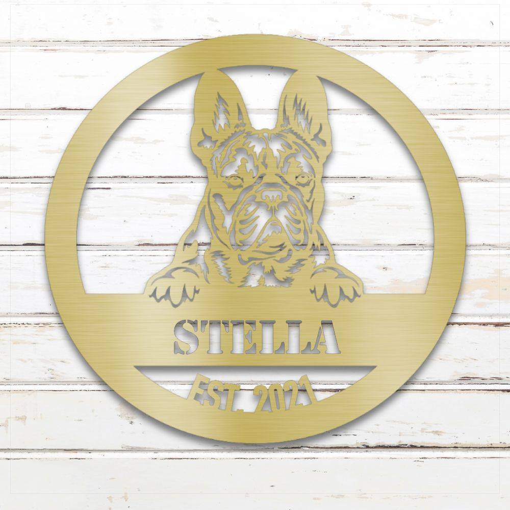 Gold French Bulldog personalized metal wall art with custom name and year; handcrafted from rustproof, weatherproof American steel | Barkhaus Metal Co.