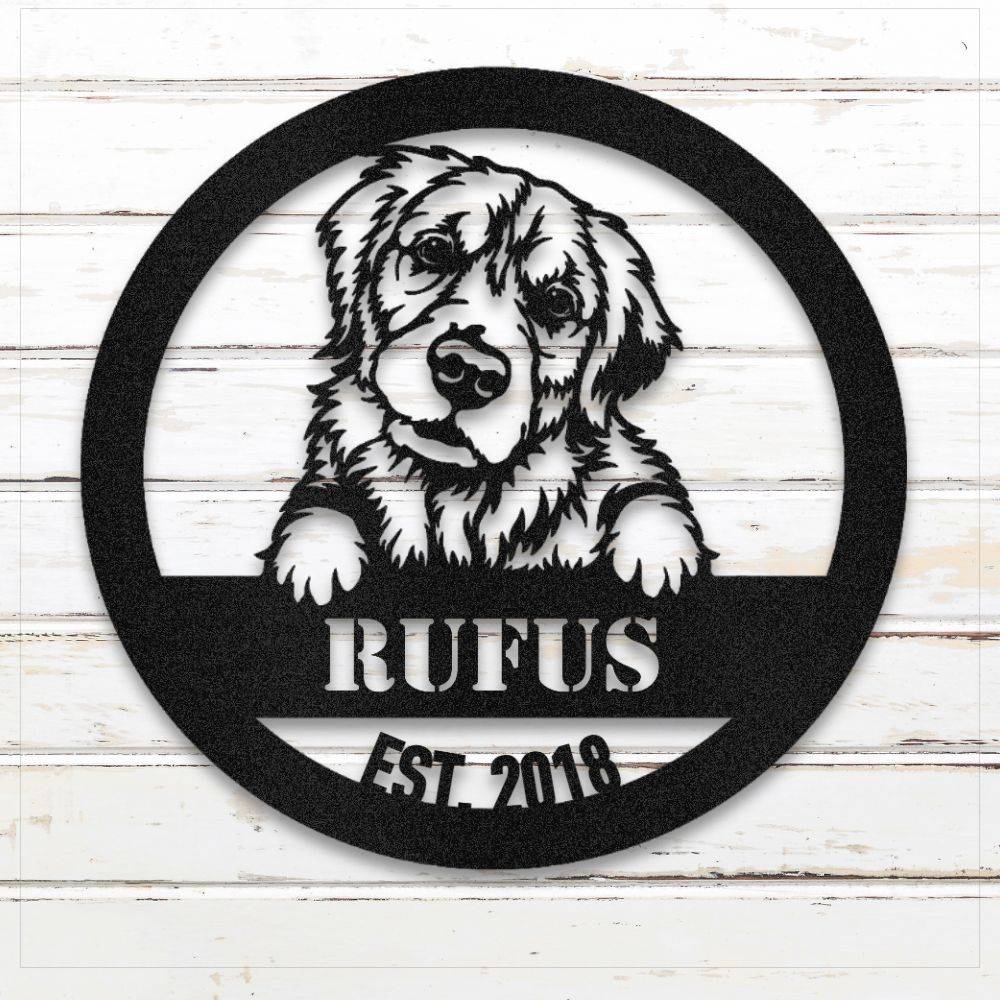 Black Golden Retriever personalized metal wall art with custom name and year; handcrafted from rustproof, weatherproof American steel | Barkhaus Metal Co.