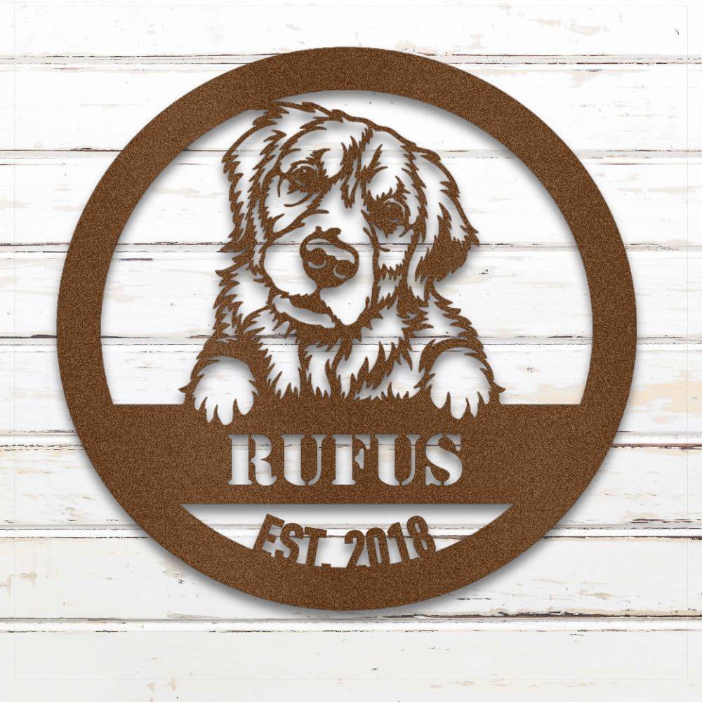 Copper Golden Retriever personalized metal wall art with custom name and year; handcrafted from rustproof, weatherproof American steel | Barkhaus Metal Co.