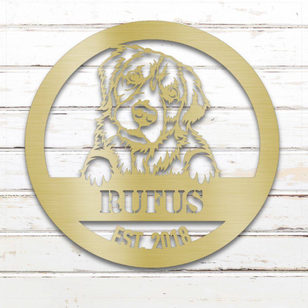 Gold Golden Retriever personalized metal wall art with custom name and year; handcrafted from rustproof, weatherproof American steel | Barkhaus Metal Co.