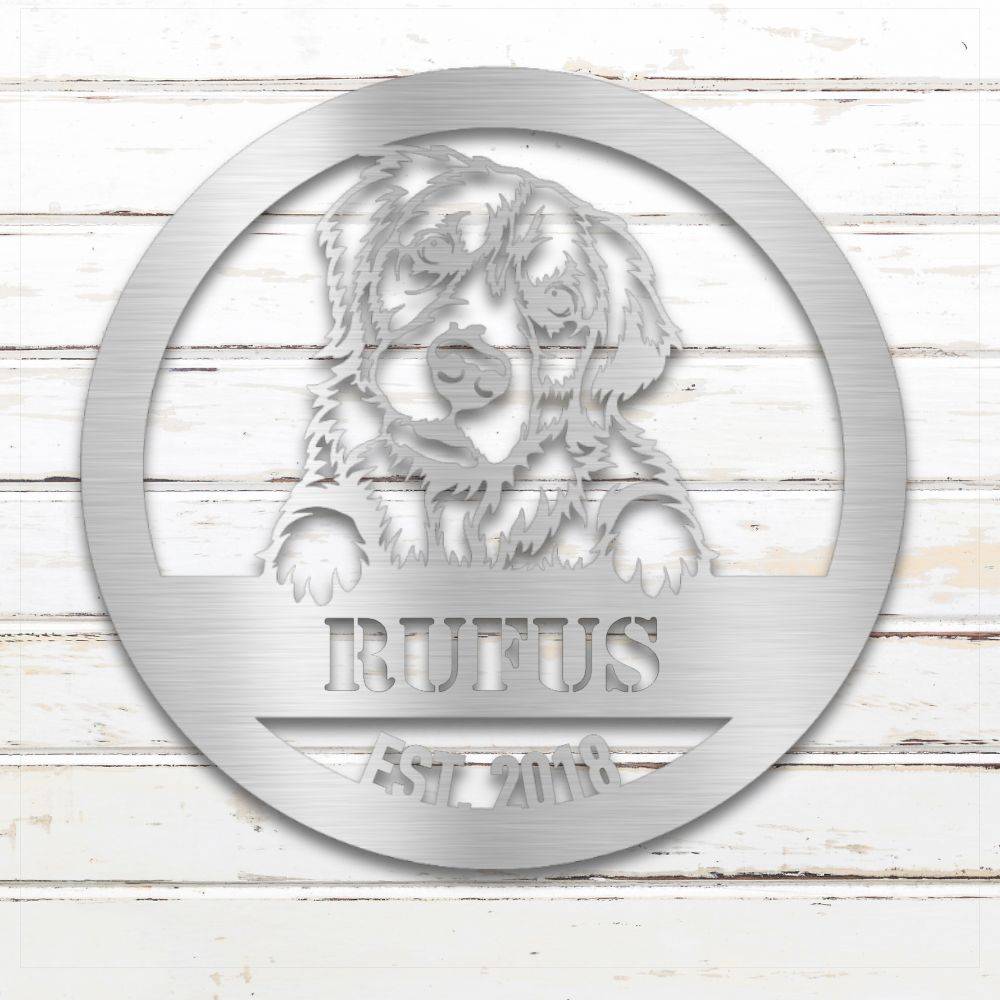 Silver Golden Retriever personalized metal wall art with custom name and year; handcrafted from rustproof, weatherproof American steel | Barkhaus Metal Co.
