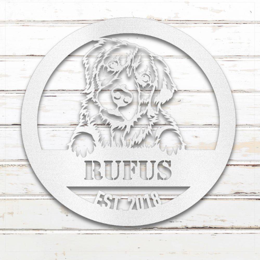 White Golden Retriever personalized metal wall art with custom name and year; handcrafted from rustproof, weatherproof American steel | Barkhaus Metal Co.