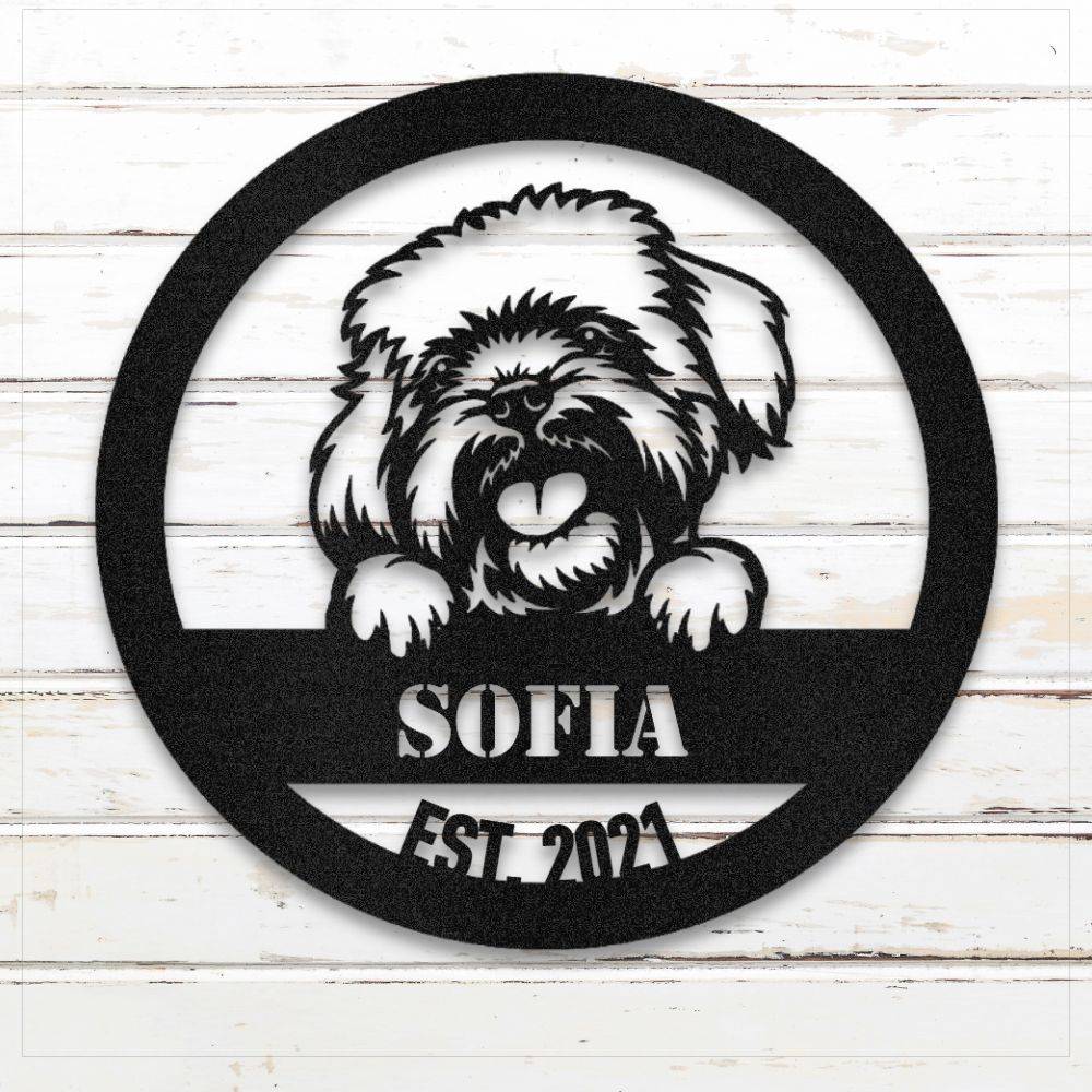 Black Havanese personalized metal wall art with custom name and year; handcrafted from rustproof, weatherproof American steel | Barkhaus Metal Co.