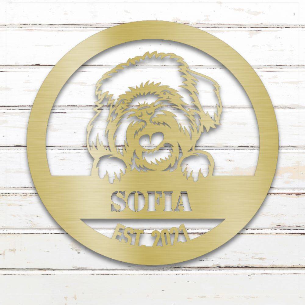 Gold Havanese personalized metal wall art with custom name and year; handcrafted from rustproof, weatherproof American steel | Barkhaus Metal Co.