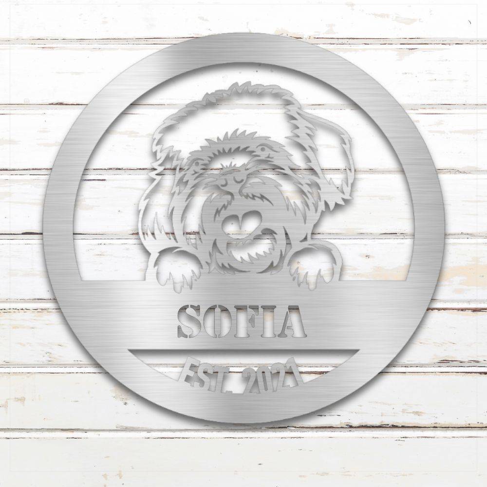 Silver Havanese personalized metal wall art with custom name and year; handcrafted from rustproof, weatherproof American steel | Barkhaus Metal Co.