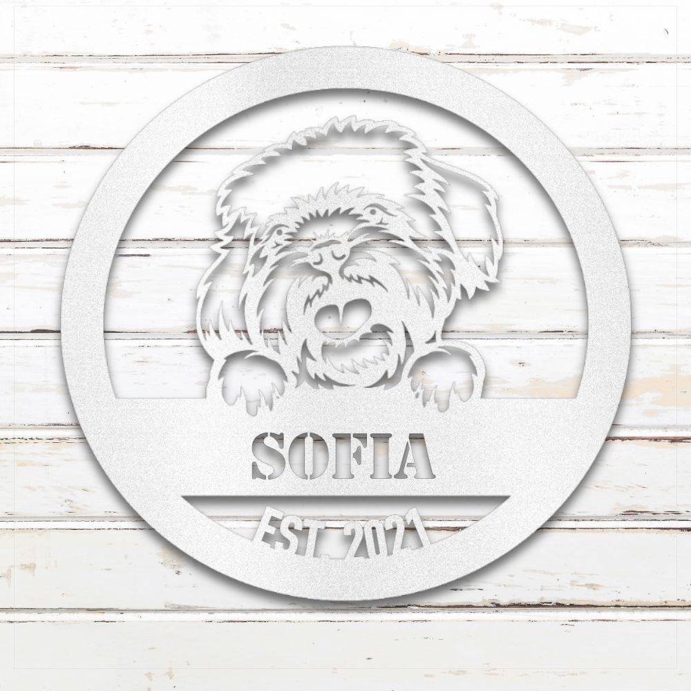 White Havanese personalized metal wall art with custom name and year; handcrafted from rustproof, weatherproof American steel | Barkhaus Metal Co.