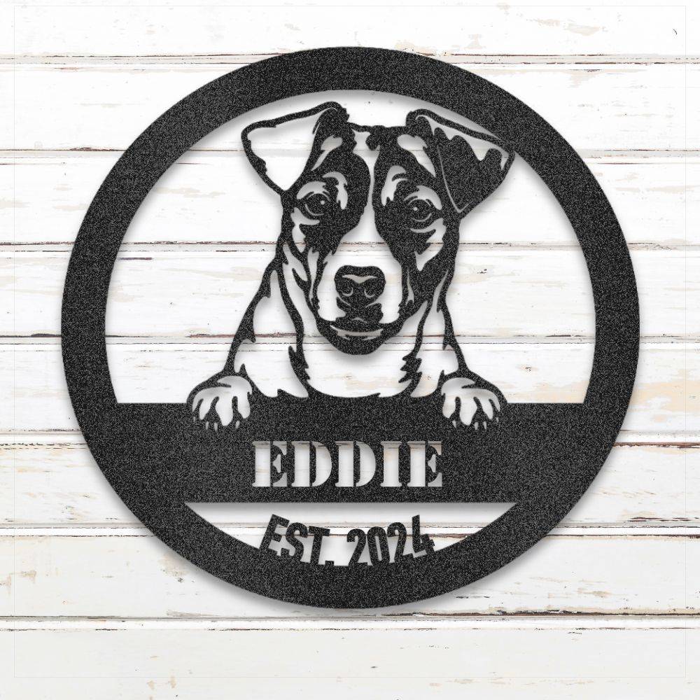 Black Jack Russell Terrier personalized metal wall art with custom name and year; handcrafted from rustproof, weatherproof American steel | Barkhaus Metal Co.