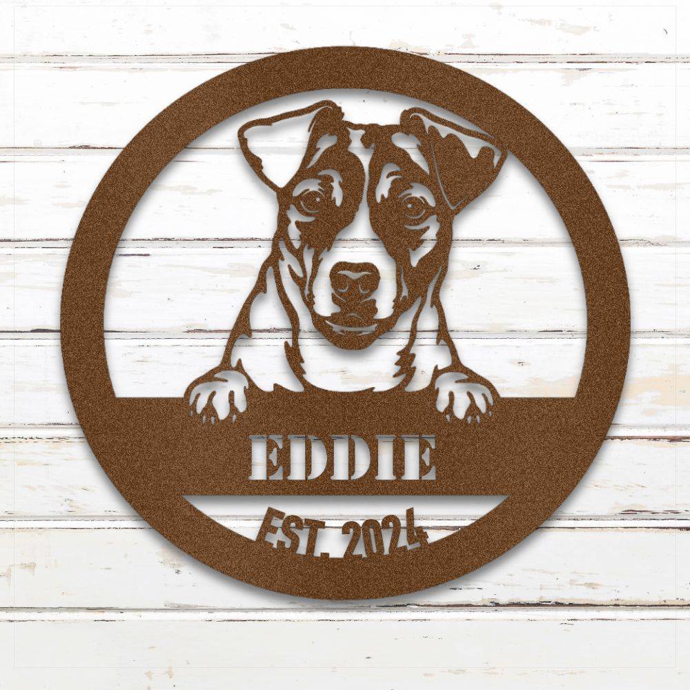 Copper Jack Russell Terrier personalized metal wall art with custom name and year; handcrafted from rustproof, weatherproof American steel | Barkhaus Metal Co.